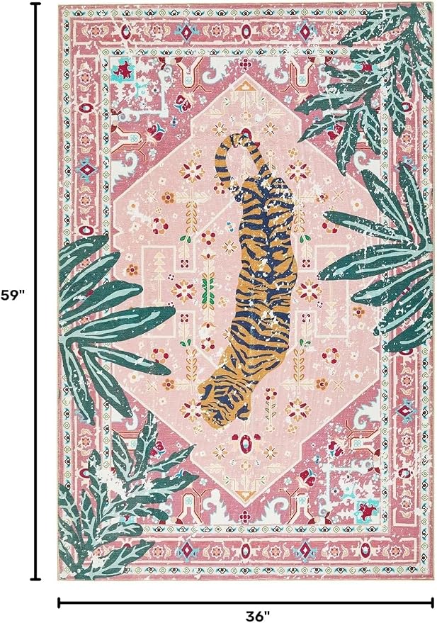 Tribal Rugs, 3x5 Pink Boho Small Area Rugs for Bathroom Kitchen Small Indoor Entryway Rug Modern Vintage Distressed Summer Tropical Jungle Carpet Non-Slip Washable
