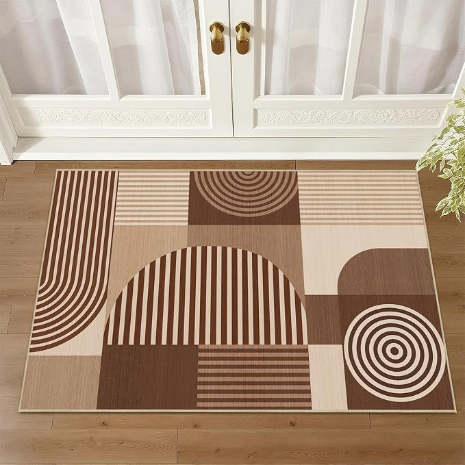 Brown Geometric Rug 2x3 for Entryway Machine Washable Mid Century Modern Rug Non Slip Low Pile Minimalist Line Rugs Door Indoor Mat Carpet for Bathroom Bedroom Kitchen Laundry,Brown