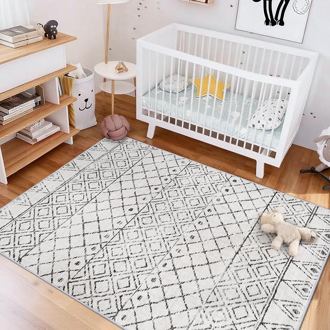 4x6 Moroccan Geometric Washable Runner:Boho Non Slip Area Rug Grey | Thin Low Pile Neutral Rugs - Modern Distressed Soft Carpet for Living Room Dining Room Entryway Farmhouse Decor