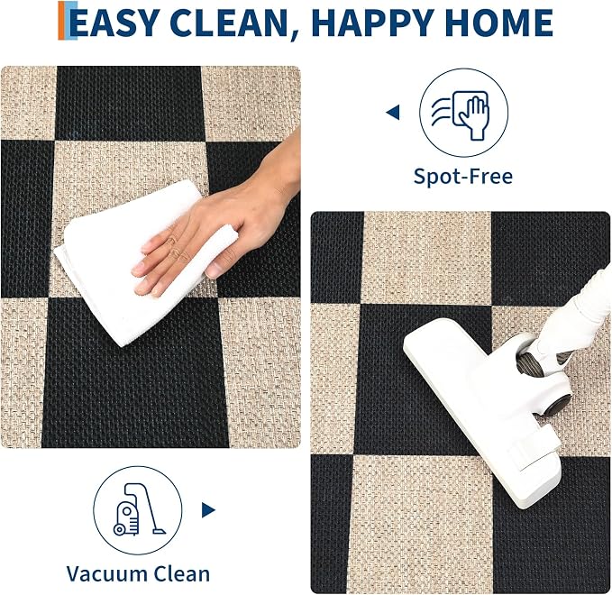 GarveeHome 9x12 Checkered Easy Jute Rugs for Bedroom Machine Washable Large Rugs Non-Slip Backing Modern Neutral Stain Resistance Carpets for Farmhouse Patio Dining Room Backyard Black
