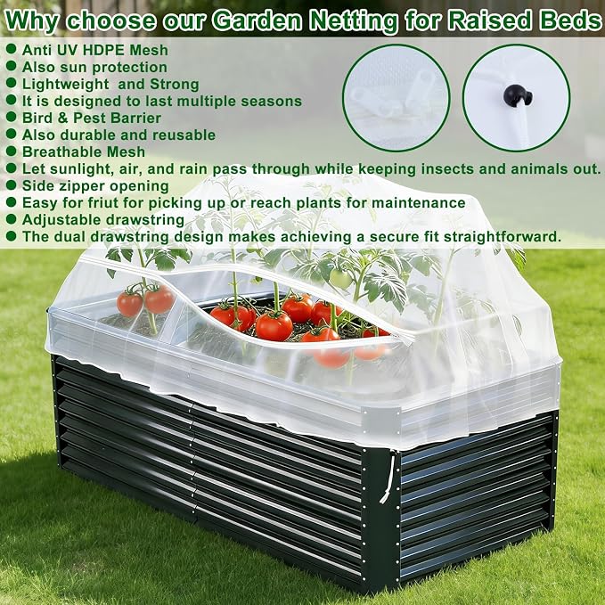 1 Pack Garden Netting for Raised Beds, Fine Mesh Bird Netting Barrier Screen with Zipper Drawstring Garden Bed Plant Cover for Protect Vegetable Fruits Crop from Animals Pest Insect, 8.2×4.3×2Ft