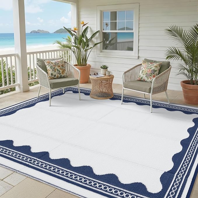 Garvee Outdoor Rug 9x12 Scalloped Waterproof Patio RV Outdoor Rugs Reversible Foldable Plastic Straw Rug Modern Camping Carpet for Deck Camper Porch Balcony Backyard Picnic Beach Dark Blue