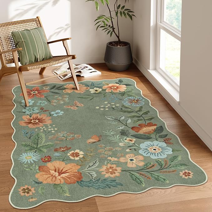 Lahome Floral Washable Rugs, 4X6 Rug for Bedroom Ultra-Thin Soft Dining Room Rug, Non-Slip Living Room Rugs Stain Resistant Boho Rug Lightweight Flore Throw Rug for ‎Office (4x6ft,Green)