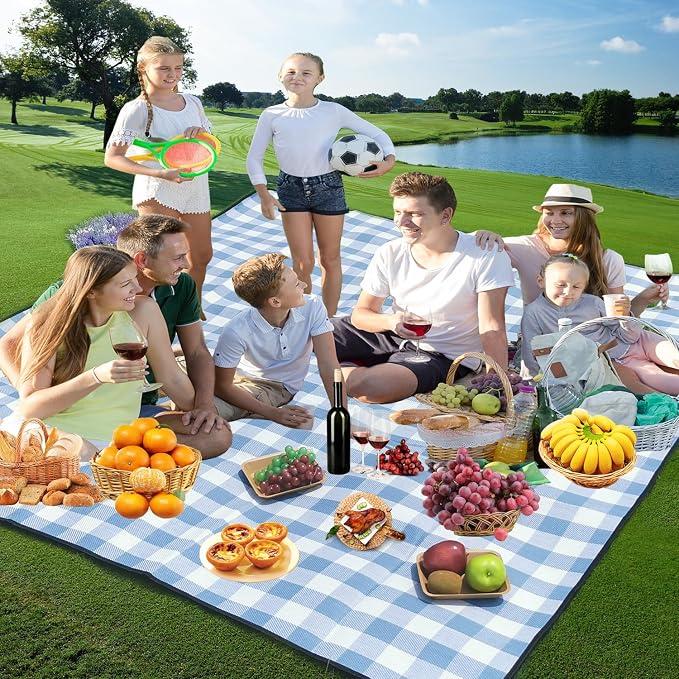 79”x79” Picnic Blanket Extra Large, Waterproof and Foldable Beach Blanket, 3-Layer Outdoor Blanket for 6 to 8 Adults, for Camping, Park, Beach, Grass, Indoors