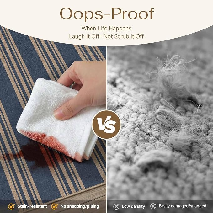 PureCozy Striped Easy Jute Rug 4x6 Blue Entryway Carpet Washable Non Slip Office Door Mat Farmhouse Neutral Non Shedding Small Indoor Outdoor Rug for Bathroom Kitchen Bedroom Living Room