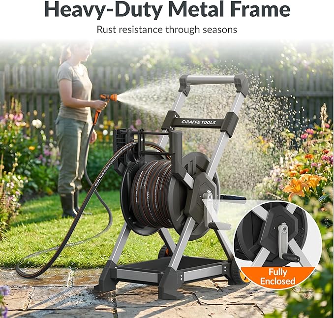 Giraffe Tools Garden Hose Reel Cart, 125FT 5/8" Hose Capacity, Heavy Duty Water Hose Reel with Wheels, 5ft Leader Hose, Retractable Hose Guide with Crank, for Yard Lawn Garage
