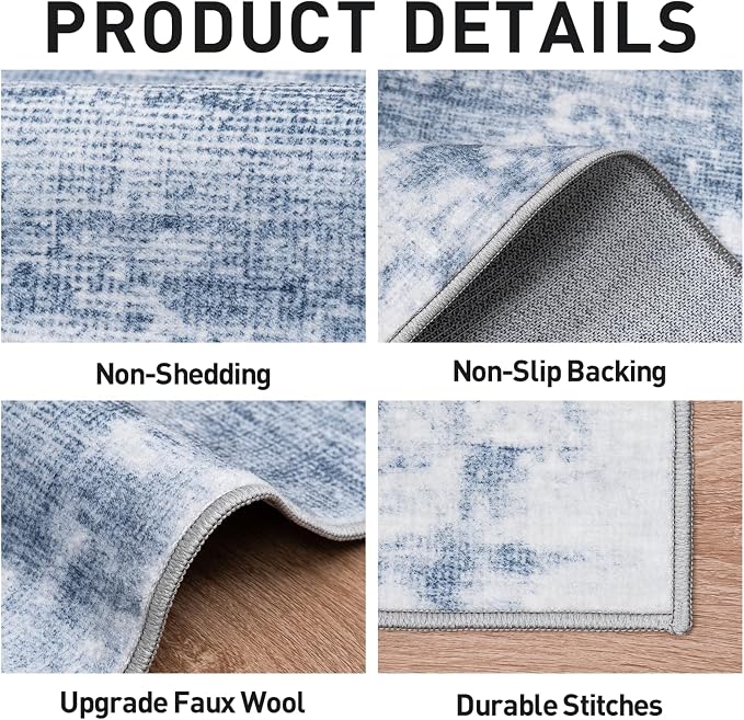 9x12 Area Rugs for Living Room: Washable Abstract Blue White Badroom Carpet | Non-slip TPE backing makes this washable soft low-pile rug safe & durable, Pet-friendly decor for dining room,nursery,office