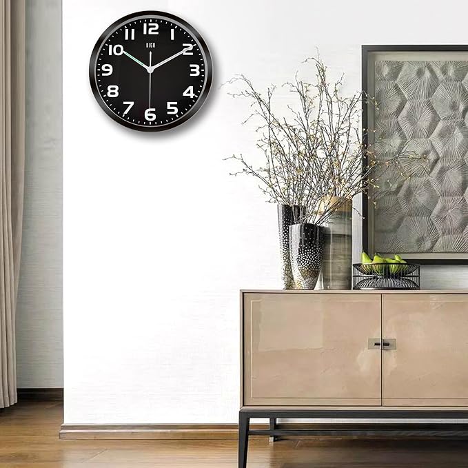 HITO 10 Inch Night Light Wall Clock Battery Operated Brightness Adjustable, Black Metal Frame, Glass Cover(Hands + Numbers Illuminate)