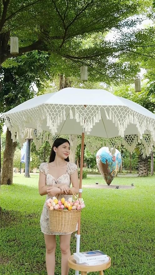 Bohemian Umbrella Macrame 6.5ft HANDCRAFTED Balinese MACRAME Canopy OUTDOOR Umbrella LUXURY Umbrella MIAMI Umbrella Premium Macrame for Deck, Patio, Pool, Sun Shade and Outdoor Entertaining