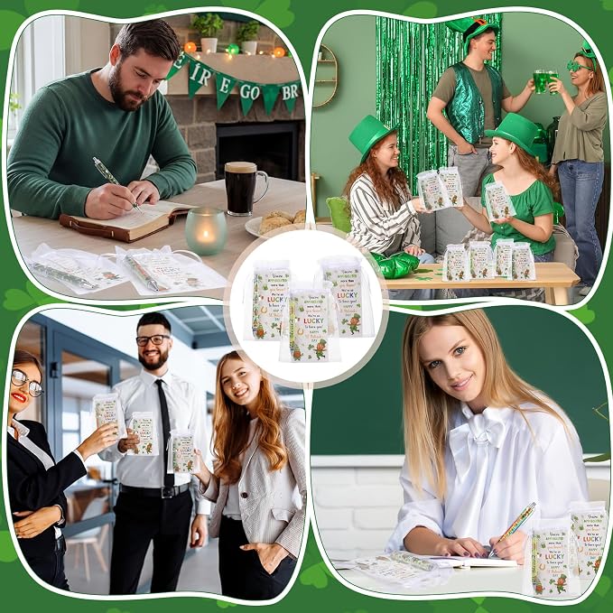 Marspark 30 Set St. Patrick's Day Gifts Bulk Lucky Shamrock Ballpoint Pens and Greeting Cards with Bag Twist Tie for St Patricks Day Employee Coworker School Office Home Irish Party Favor Supplies