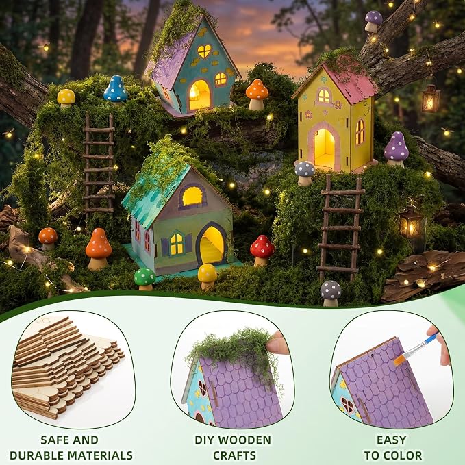 DoubleFill 6 Sets Wooden Fairy House Craft Kit for Kids - Classroom DIY Fairy Garden with Paints & Decorations - School Arts Crafts & Birthday Gift for Activity Party Decor (3 Mixed Cute Roof Styles)