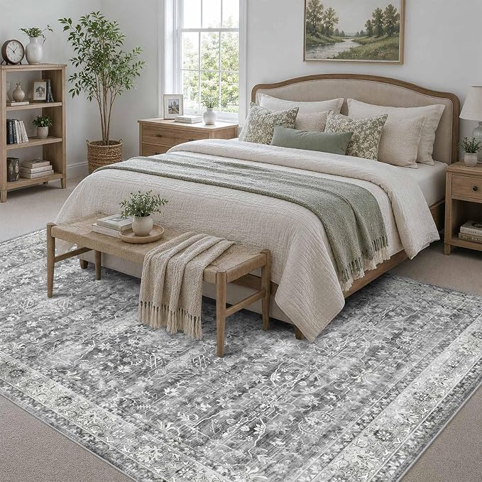 Latte&Fog 6x9 Area Rugs for Living Room Washable Vintage Grey Rugs Large | for Bedroom Kitchen Dining Kids Nursery Classroom Playroom Farmhouse Office Dorm, Non Slip Soft Carpet, Large Floral Rug