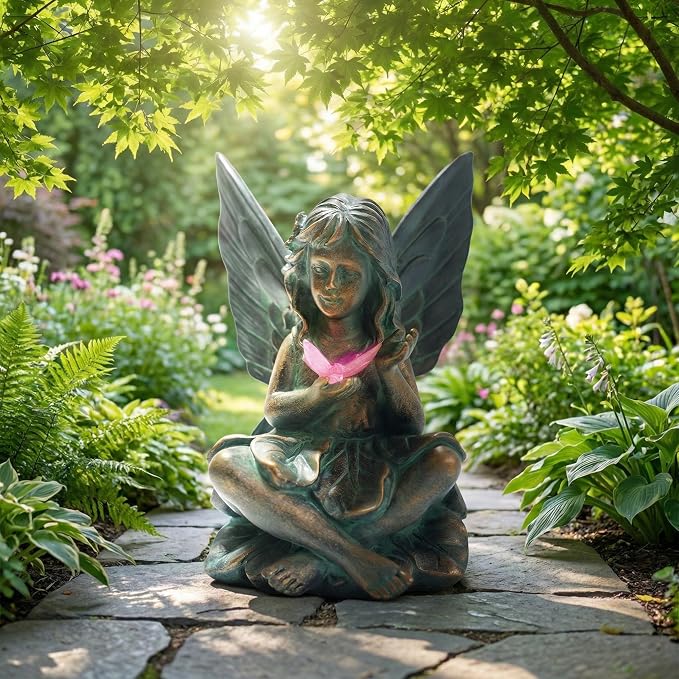 Oinas Solar Fairy Garden Statue Decor - Resin Fairy Figurines with Butterfly Light, 8.5 in Angel Fairy Outdoor Decor, Birthdays, Valentine's Day Garden Sculpture Gifts for Women