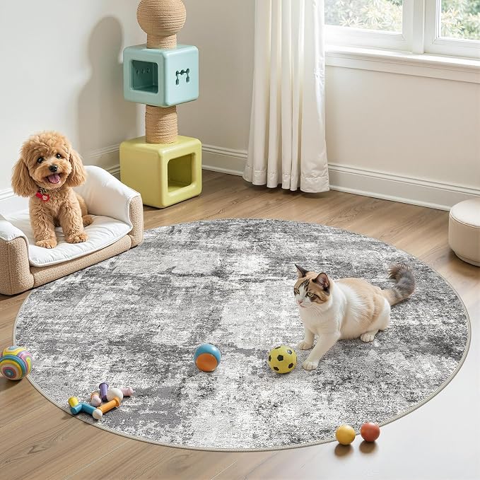 DMOYEST 5ft Round Area Rug for Living Room Washable Non Slip Circle Rug | 5x5 Neutral Modern Abstract Low Pile Rugs Kid & Pet Friendly Soft Carpet for Bedroom and Dining Room - Grey