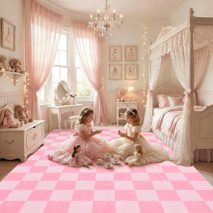 GarveeHome Checkered Pink 2x3 Washable Girls Rug Low-Pile Small Door Mat | Pink and White Area Rug for Entryway Hallway Kitchen Bathroom Stain Resistant Low-Pile Non-Slip Soft Rugs TPE Backing