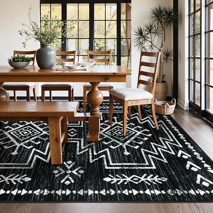Lahome Washable Living Room Rugs 8x10, Western Black and White Bedroom Rug | Low Pile Boho Distressed Aztec Floor Carpet for Dining Room, Soft Stain Resistant Large Moroccan Carpets
