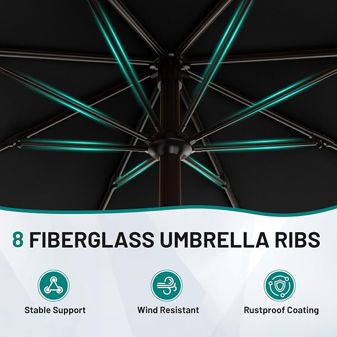 AreShark 10 FT Outdoor Patio Umbrella, Patio Table Umbrella with Push Button Tilt and Crank, Outdoor Patio Umbrellas with 8 Fiberglass Ribs, Patio Umbrellas for Market, Garden, Pool (Black)