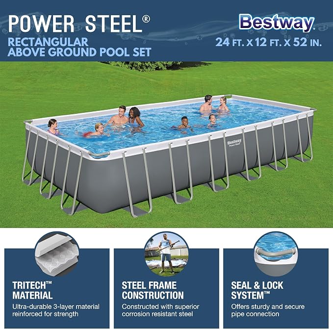 Bestway Power Steel 24' x 12' x 52" Above Ground Pool Set with Test Kit | Durable Rectangular Metal Frame Outdoor Backyard Pool - Sand Filter Pump, Ladder, Cover, and Test Kit Included
