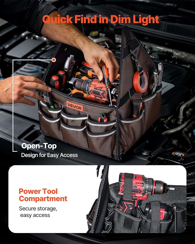 VEVOR Tool Bag, 13 Inch, 45-Pocket Open Top Tool Tote, Electrical Maintenance Toolbox Organizer Storage with Handle, Adjustable Shoulder Strap, Portable Toolbag, for Professionals DIY & Jobsite Use