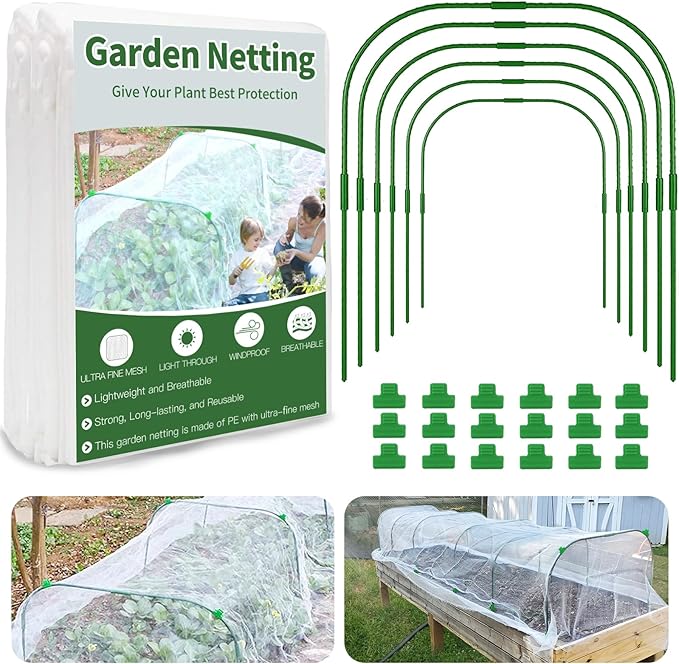 Garden Netting Kit for Raised Bed, 8X20FT Ultra Fine Mesh Netting with 6 Sets Garden Hoops & 18pcs Clips, Reusable Bird Netting for Garden Protection