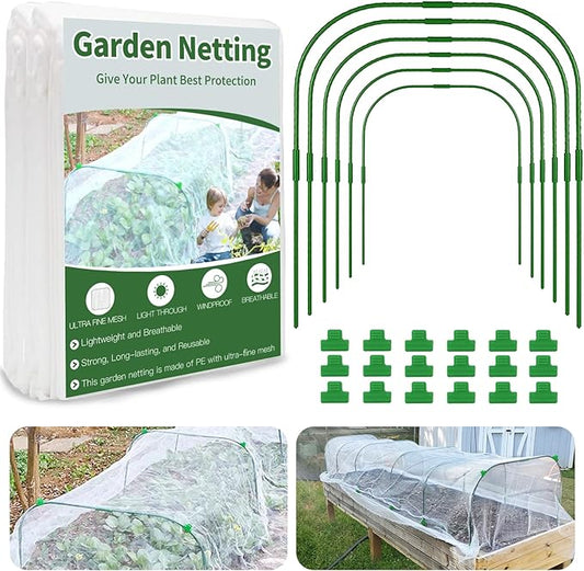 Garden Netting Kit for Raised Bed, 8X20FT Ultra Fine Mesh Netting with 6 Sets Garden Hoops & 18pcs Clips, Reusable Bird Netting for Garden Protection