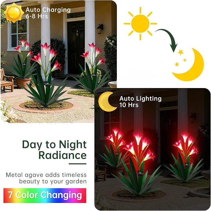 Homight Solar Metal Agave Lily Flower Garden Sculpture with LED Lights 30.3 Inch Waterproof Outdoor/Indoor Yard Decor Handmade Lawn Ornament Gift for Family Friends (3, Grass Green)