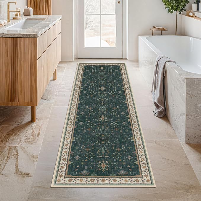 Vintage 2x7 Washable Runner Rug Non Slip for Kitchen, Bathroom, Hallway - Low Pile Stain Resistant 7ft Long Runner Rugs - Victorian Eclectic Floral Pastel Home Decor (2x7 Dark Green)