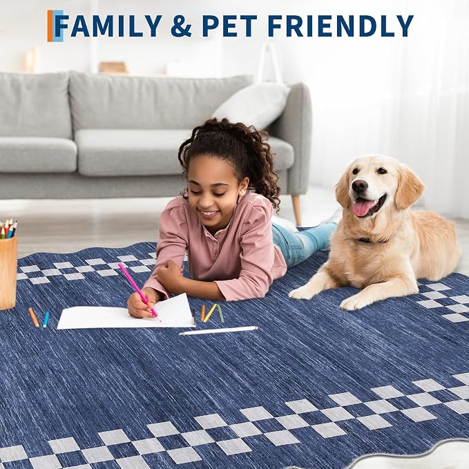 GarveeHome Scalloped Round Rug 4ft Washable Modern Solid Color Circle Rugs | Non Slip Low Pile Living Room Throw Carpat Bedroom Scalloped Round Area Rug Stain Resistant Bordered Rug for Kitchen, Blue