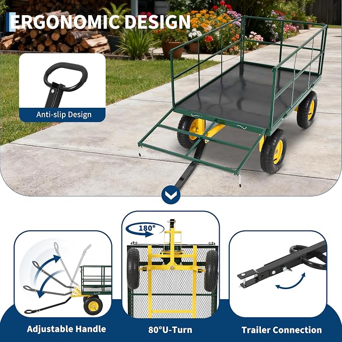 Garvee 1500 LB Heavy Duty Garden Wagon Cart, Outdoor Metal Utility Trailer | 13 in All Terrain Tires, 3-in-1 Yard Wagon Cart with Removable Side Panels for Outdoor Lawn, Yard, Backyard