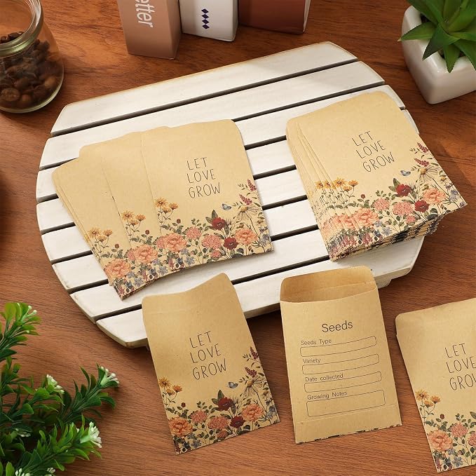 FYSUIMU 100Pcs Wildflower Seed Packets Let Love Grow Self-Adhesive Kraft Envelopes Rustic Floral Seed Storage Pockets for Garden Office Party Favors Supplies, 3.15 x 2.4 Inch