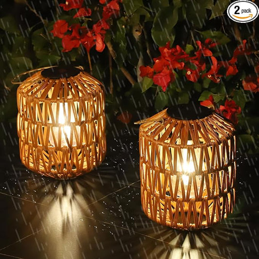 2 Pack Solar Lanterns Outdoor Waterproof, Rattan Solar Lights for Yard, Outdoor Garden Lights, Hanging Lanterns Decorative Birthday Gifts for Mom Grandma, Outdoor Lanterns for Porch Patio Pathway