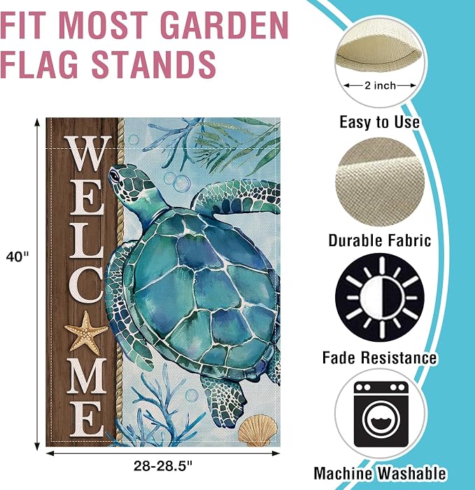 Artofy Welcome Summer Beach Sea Turtle Large Decorative House Flag, Coastal Ocean Farmhouse Yard Garden Outside Decor, Spring Nautical Starfish Coral Burlap Outdoor Home Decoration Double Sided 28x40