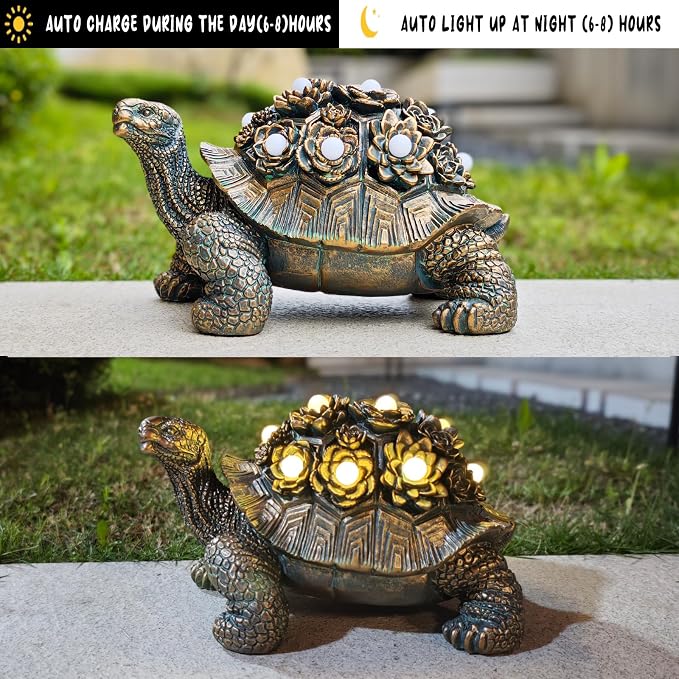 Outdoor Solar Turtle Decor, Resin Succulent Turtle Statue with Waterproof LED Lights, Garden Gift for Plant Lovers for Patio, Balcony, Yard Ornament