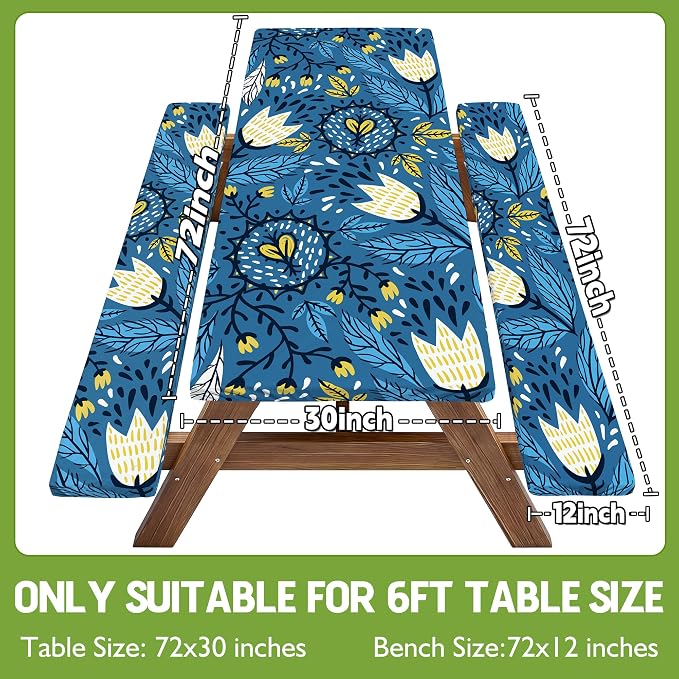 Picnic Table Cover with Bench Covers Waterproof Elastic Rectangle Tablecloth Camping Essentials Supplies Rv Car Travel Gear Must Haves Accessories Fitted Table Cloth Outdoor Road Trip Camper Gifts 6ft