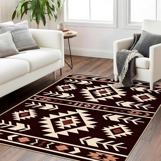 Western Area Rug 4x6 for Living Room, Southwestern Aztec Tribal Area Rugs Southwest Navajo Machine Washable Rug Non-Slip Printed Low-Pile Floor Carpet for Bedroom Dining Room Office, Red Brown