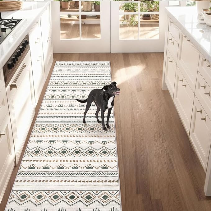 Runner Rug 2x8 Boho Geometric Area Rugs: Washable Kitchen Rug, Soft Non Slip Moroccan Long Hallway Rugs for Bedroom Bathroom Laundry Entryway Staircase Foyer(Brown Green,2'x8')