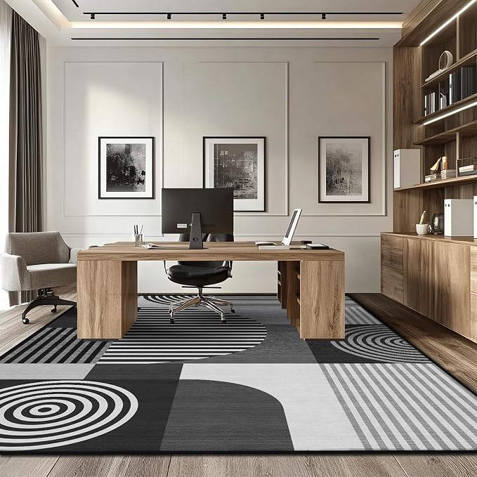 9x12 Area Rug for Living Room Grey Geometric Mid Century Modern Rug Machine Washable Black White Gray Minimalist Rugs Non Slip Low Pile Large Dining Room Indoor Floor Carpet for Bedroom Office