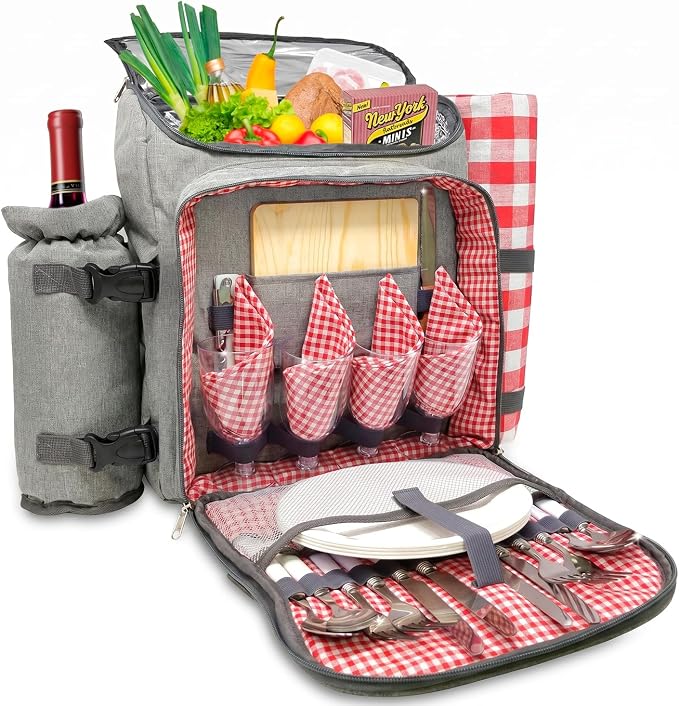 Nature Gear Picnic Backpack for 4, Insulated Picnic Set with Dinnerware, Wine Cooler, Blanket & Cutlery Service, Waterproof Outdoor Bag for Beach, Camping, Travel & Park, Red