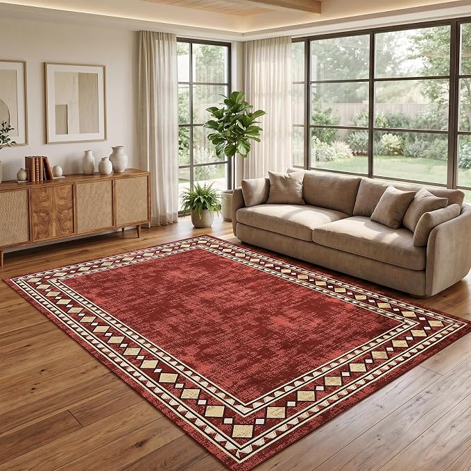 Garvee 5x7 Area Rugs Vintage Border Washable Rugs Living Room, Red | Boho Area Rug Stain Resistant Easy Cleaning Throw Rugs Non Shedding Low Pile Floor Cover for Nursery Dining Room