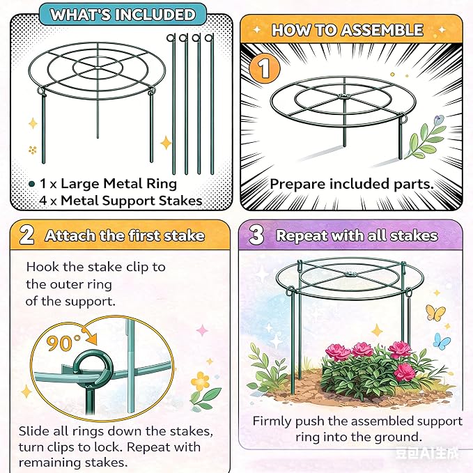 6 Pack Heavy Duty Peony Cages and Supports, 12" D x 18" H, Large Metal Support Rings, Easy Ground Insertion, Easy Installation & Durable, Sturdy for Climbing Plants