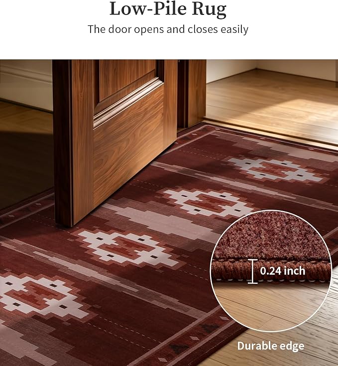 2‘x6' Washable Western Red Aztec Runner Rug for Hallway | Non-Slip, Low Pile, Stain Resistant, Southwestern Rustic Retro Long Rug for Kitchen Entryway Bedroom, Red/Brown