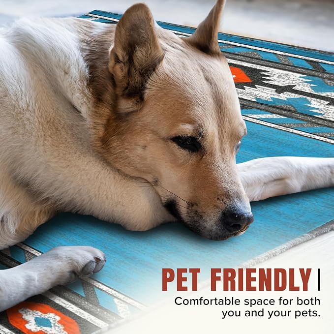 YHSF Southwestern Area Rug - Anti Static & Washable - Blue | Soft Native American Tribal Floor Rugs for Living Room, Bedroom, Hallways, and More - Easy-to-Clean Home Decors