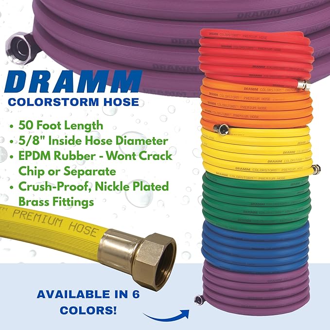 Dramm ColorStorm Premium Rubber Garden Hose – 50 ft Heavy Duty 5/8" Water Hose – Kink Resistant, Crush-Proof Nickel-Plated Couplings – Made in USA - Berry