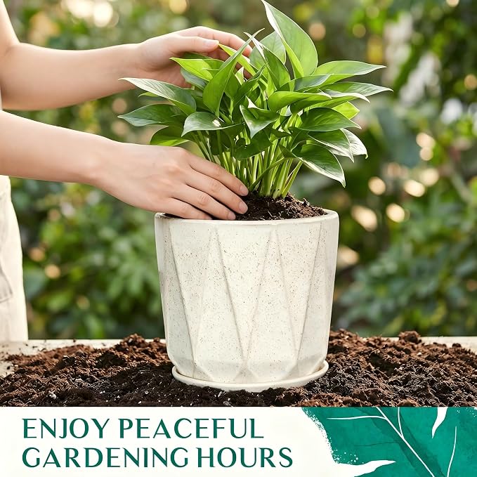 7.8 Inch Ceramic Plant Pot with Drainage Hole Mesh Net, Large Flower Pots for Indoor Plants with Saucer, Gardening Pots Outdoor (Silk White)