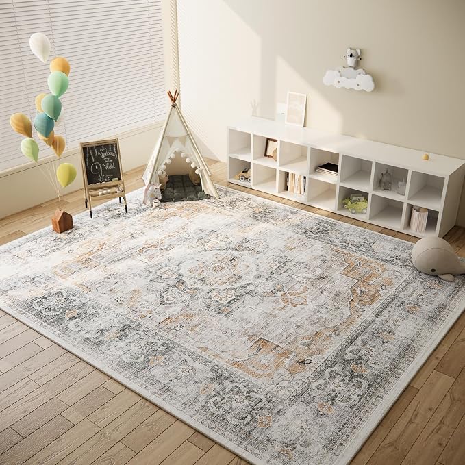 Machine Washable Living Room Rug: 5x7 Area Rugs for Bedroom Non Slip Low Pile Soft Faux Wool Non Shedding Vintage Boho Carpet Rugs for Entryway Dining Room Kitchen Nursery Farmhouse Home Office Indoor