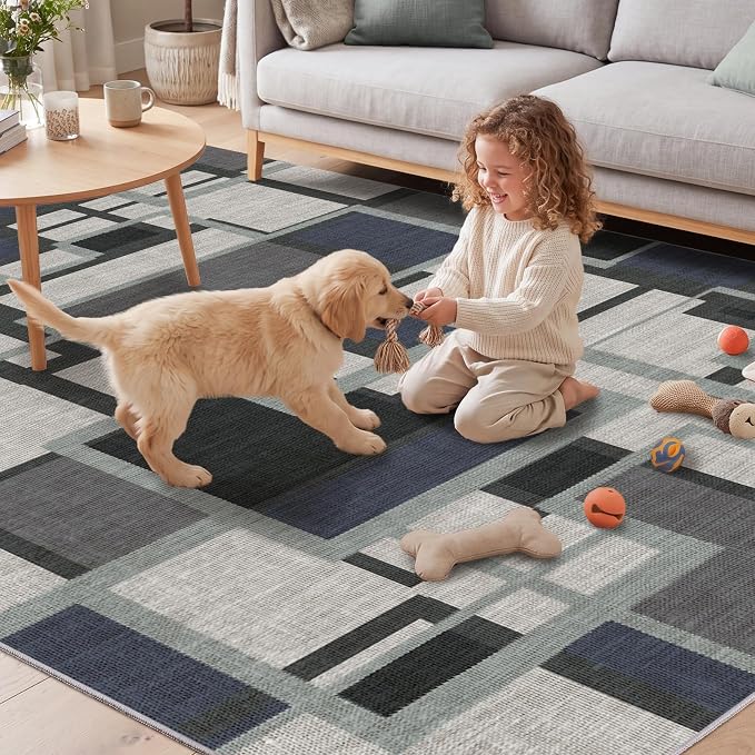 Modern Geometric Area Rug for Living Room, Slate Blue Washable Rugs 5x7 | Blue Grey Patchwork Blocks Non-Slip Indoor Carpet for Bedroom Dining Room Office | Contemporary Soft Low-Pile Floor Rug