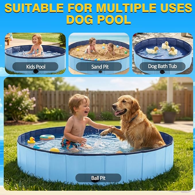 Eooqi Foldable Dog Pool, Collapsible Pet Bath Tub & Kiddie Wading Pool | Portable Hard-Side Dog Swimming Pool for Puppies, Small & Medium Dogs, Cats and Kids (Blue, 32"-S)