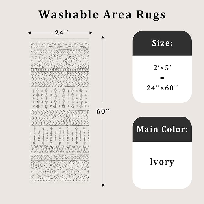 Art&Tuft 2x5 Runner Rug Non Slip, Washable Rug Runners for Hallways,Ivory | Low Pile, Moroccan Soft & Lighweight, Folable, Stain Resistant 5ft Carpet Runners for Entryway,Kitchen,Living Room,Bedroom