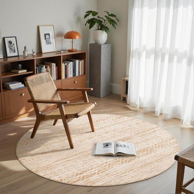 Miukiki Round Rugs 8ft Washable Moroccan Circle Rug for Living Room Beige | Non Slip Indoor Floor Carpet Foldable Area Rug for Dining Room with Low Pile 8ft