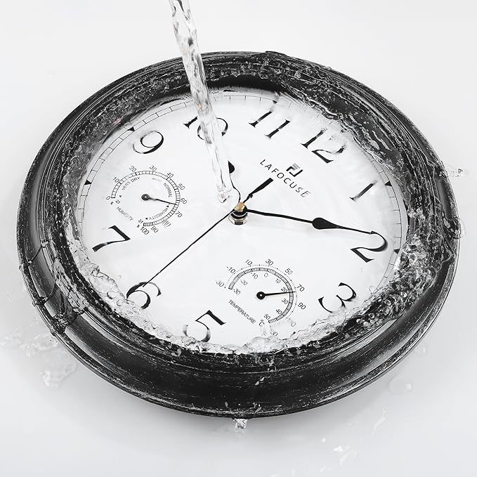 Lafocuse 12 Inch Black Outdoor Clocks Waterproof for Patio Pool Bathroom | With Thermometer Combo and Hygrometer, Vintage Rustic Weather Outside Clock for Garden Garage Porch Kitchen, Silent, Accurate